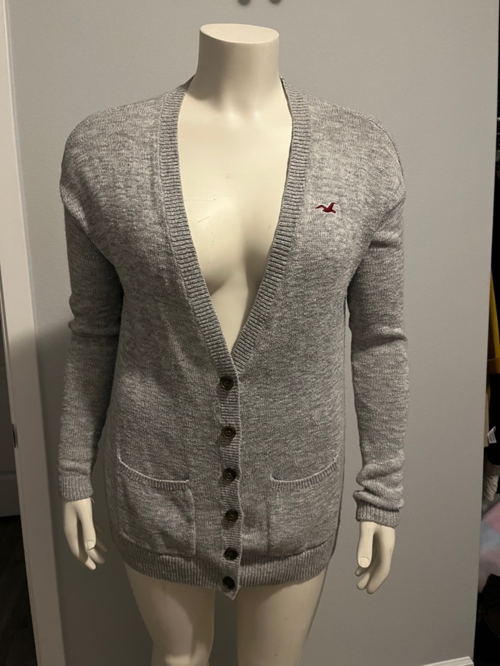 Hollister Light Gray V-Neck Button-Up Cardigan with Embroidered Logo